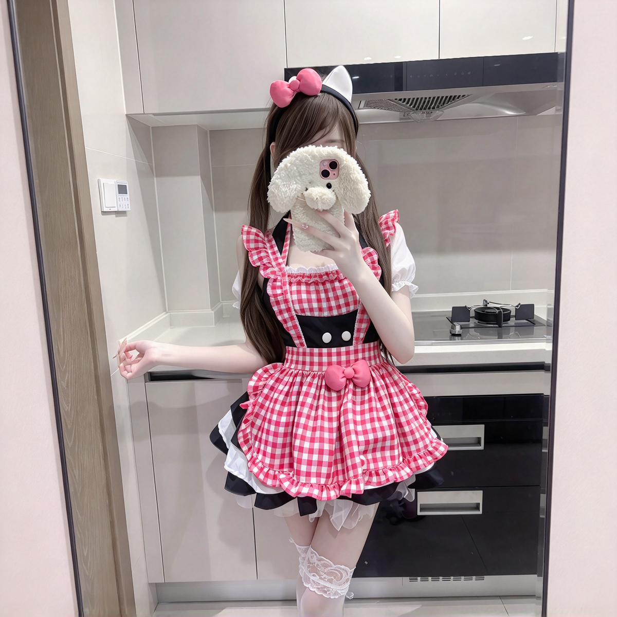 Black and Red Plaid Ruffled Maid Lolita Halter Dress with Apron Accent - view 2