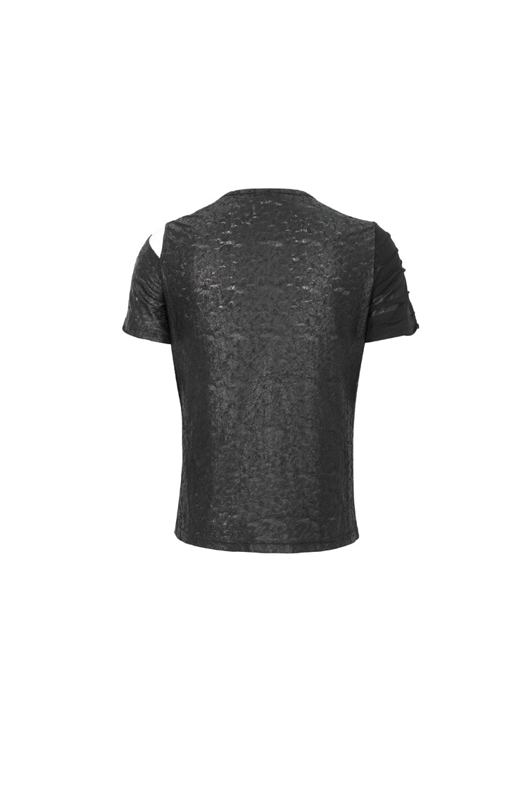 Black Left Off Shoulder Chest Zipper Embellished Men's Punk Short Sleeve - Product - 8