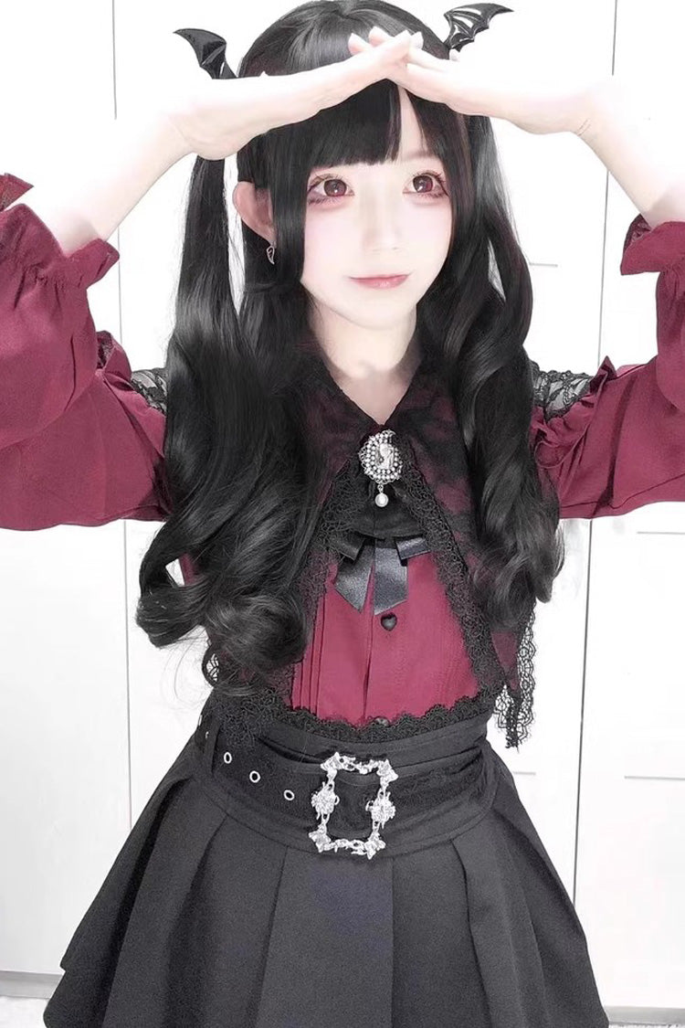 Sweet Jirai Kei Long Puff Sleeves Ruffle Bowknot Lace Skirt Blouse Set 2 Colors - Product - 3