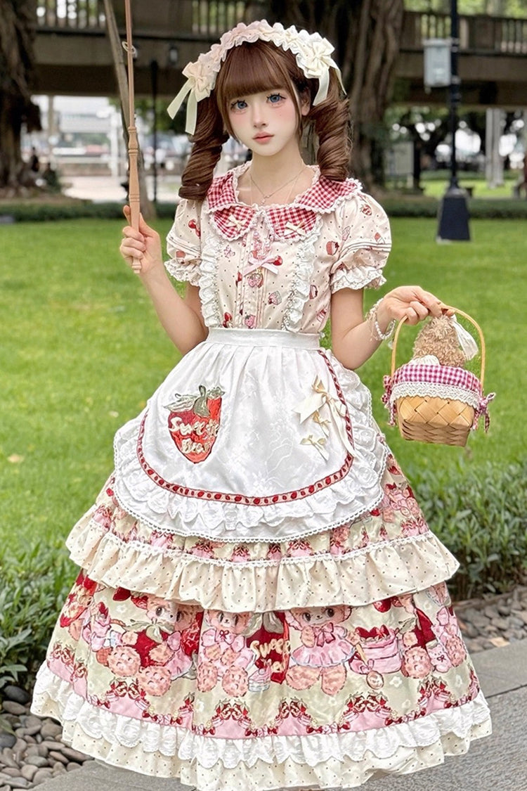 Ivory [Bear Strawberry Ode] Print Short Sleeves Double-Layered Ruffle Bowknot Sweet Princess Lolita Jsk Dress - Product - 7