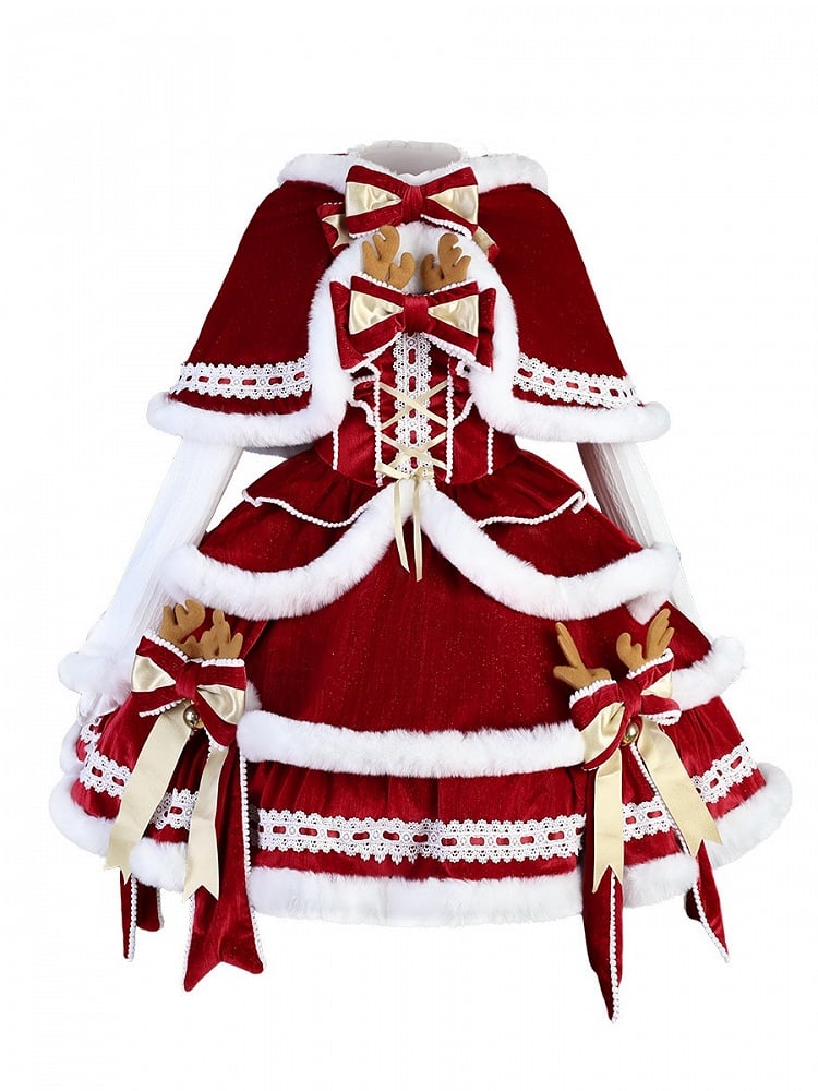 Red & White Christmas Lolita Full Set - JSK, Top & Cape detail view 2