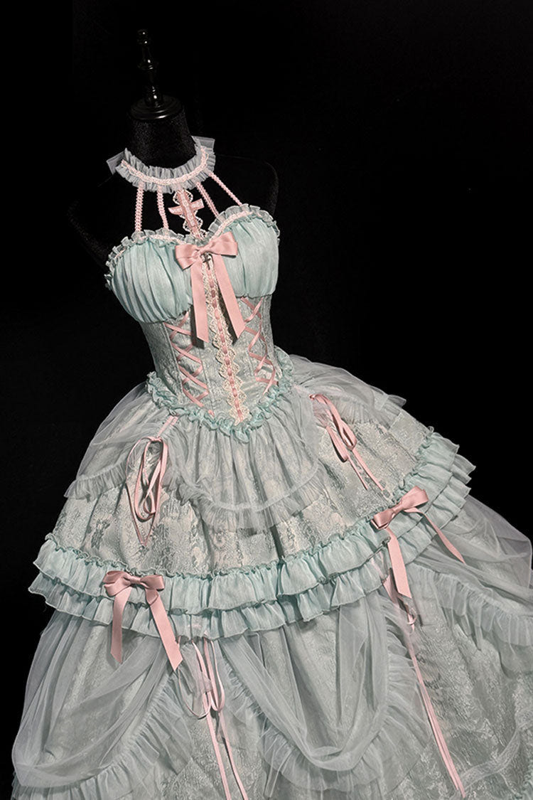 Green Cross Halterneck Ruffle Bowknot Lace Lace-Up Princess Sweet Lolita Dress - Product - 9