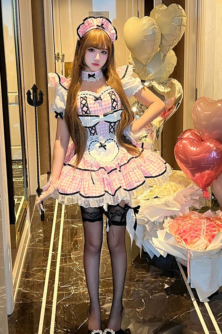 Pink [Girlish Plaid] Square Collar Short Sleeves Double-Layered Printed Ruffled Bow Lace Maid Sweet Lolita Dress - Product - 3