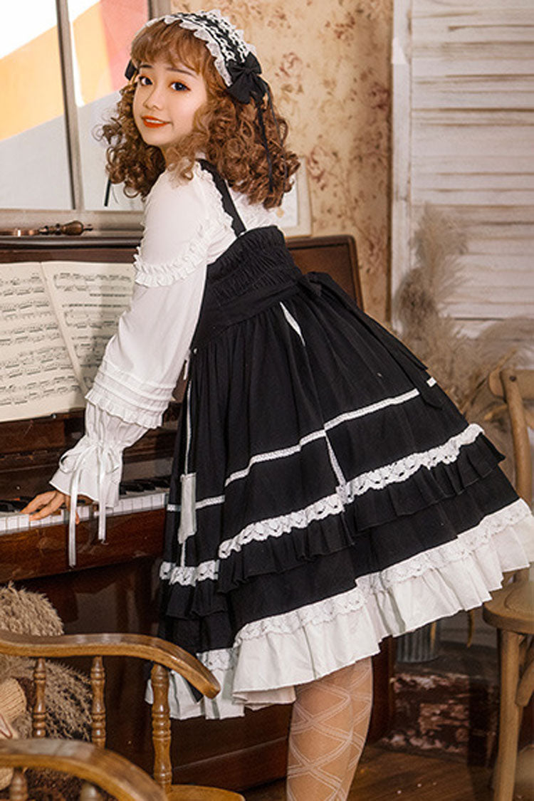 Black Lace Stitching High Waisted Bowknot Ruffled Sweet Lolita Jsk Dress - Product - 5