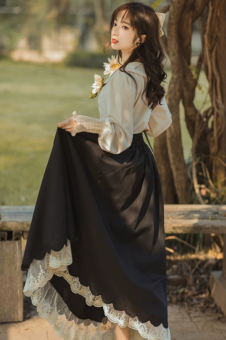 Black Lapel Collar Long Sleeves High Waisted Lace-Up Wave Hem Classic Lolita Two-Piece Skirt Set - Product - 6