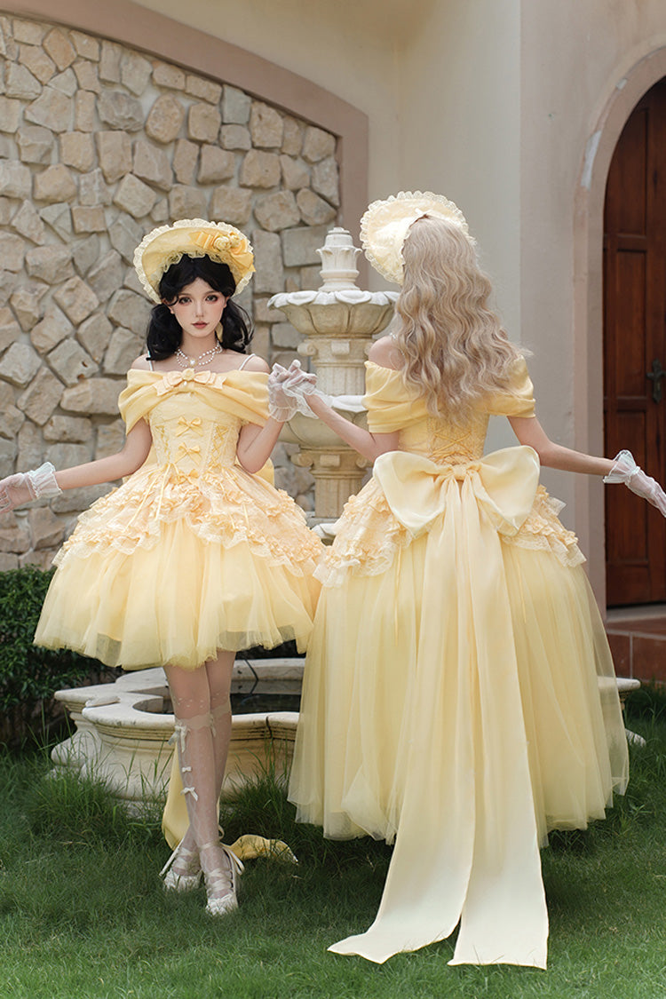 Yellow [Sissi's Pilgrimage] Off Shoulder Ruffle Bowknot Lace Sweet Lolita Skirt (Long Version) - Product - 9
