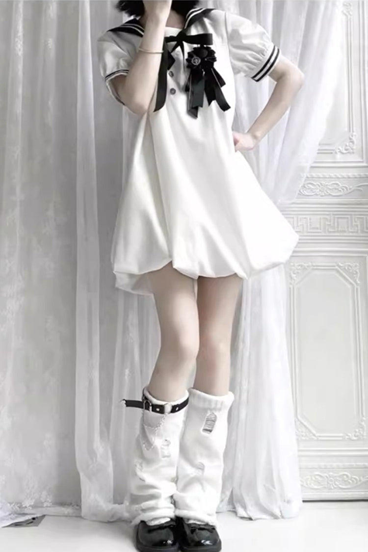 Black/White [Old Stories] Navy Collar Short Sleeves Bowknot Sweet Lolita Dress - Product - 9