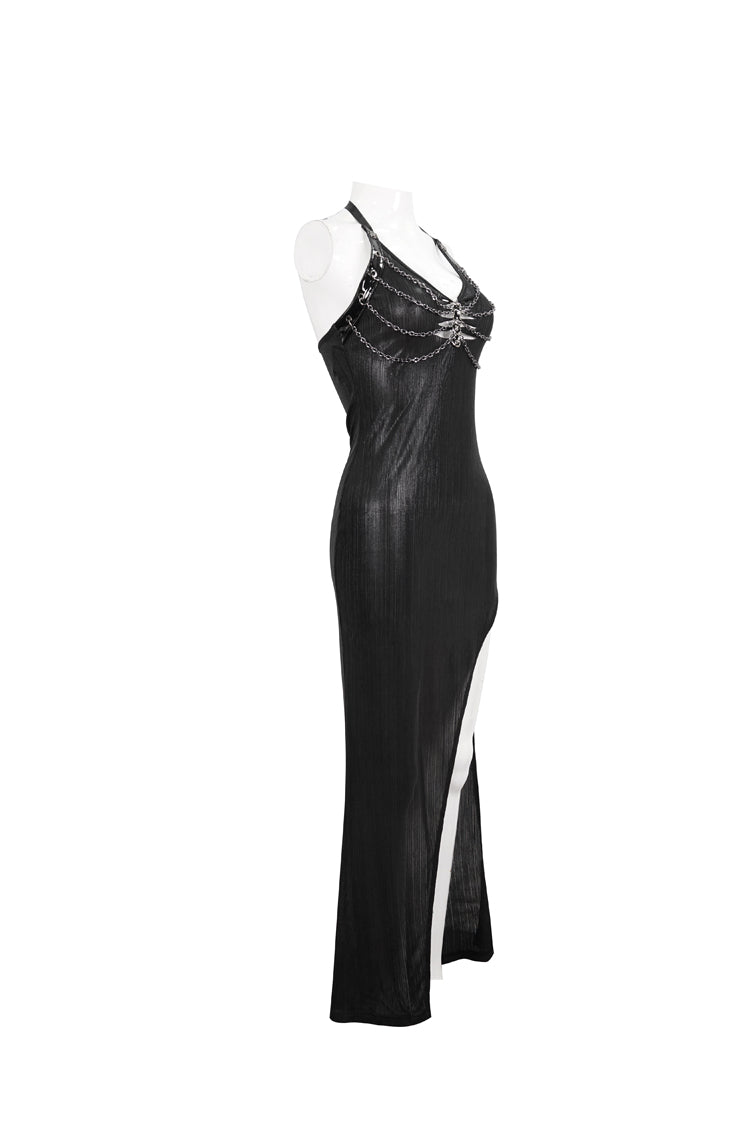 Black Chest Cutout Chain Halter Neck Lace High Slit Long Women's Punk Dress - Product - 6