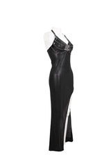 Black Chest Cutout Chain Halter Neck Lace High Slit Long Women's Punk Dress - Product - 6