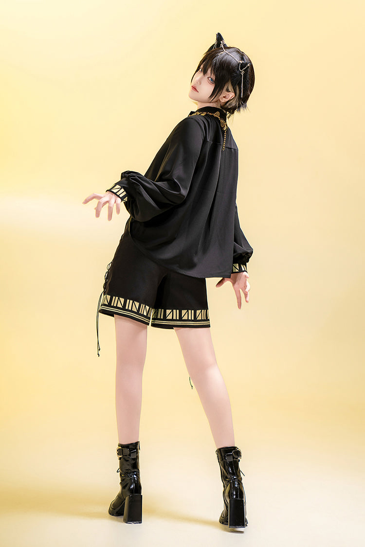 Black [Black Cat] Long Sleeves Print Embroidery Ouji Gothic Prince Handsome Lolita Blouse - Product - 4