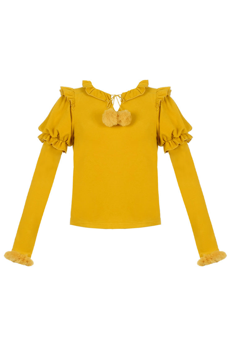 Hair Ball Tie Long Puff Sleeves Sweet Lolita Blouse 4 Colors - Yellow - 4