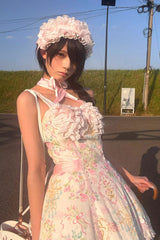White/Pink Sleeveless Flower Wall Print Ruffle Bowknot Lace Sweet Lolita Jsk Dress - Product - 16