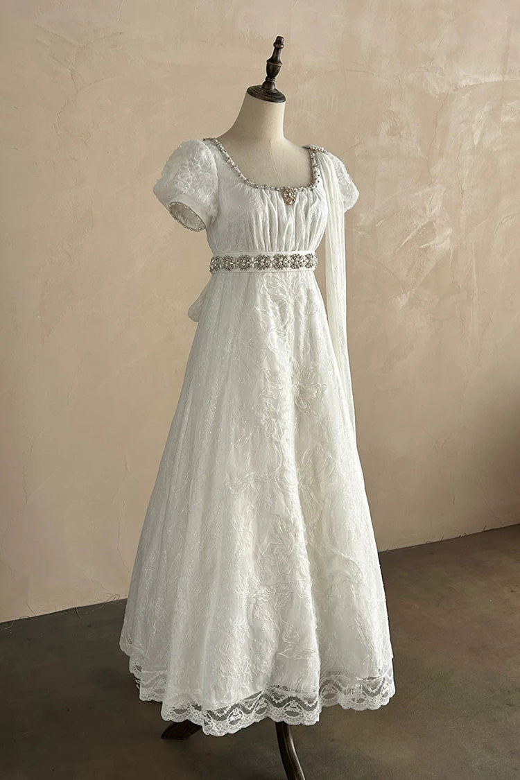 White Square Collar Short Sleeves Jacquard Wedding Style Lace Pearl Detail Vintage Elegant Luxurious Lolita Dress - Product - 11