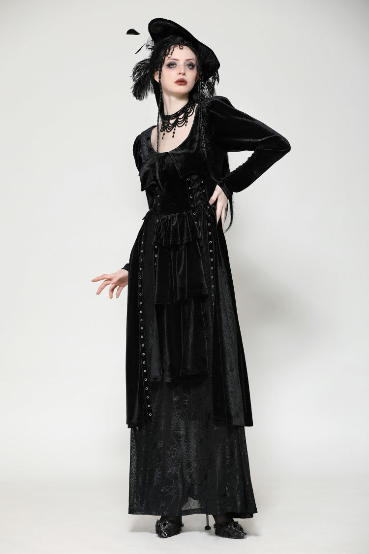 Black Long Sleeves Eyelets Side Slit Women's Gothic Maxi Dresses Wedding Dress - Product - 2