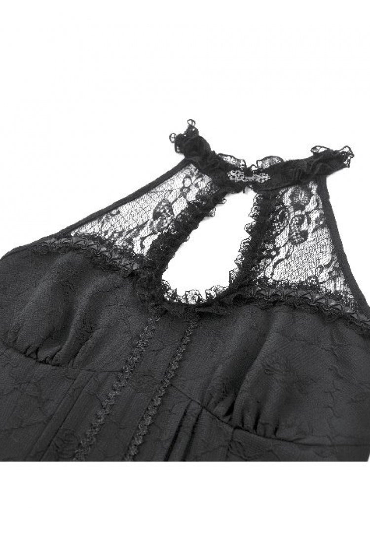 Black Off Shoulder Lace Halterneck Triple-Layered Ruffled Cut-Out Lace-Up Women's Gothic Dress - Product - 14