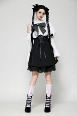 Black/White Lace High Collar Asymmetric Long Trumpet Puff Sleeves Bowknot Women's Lolita Gothic Short Dress - Product - 9