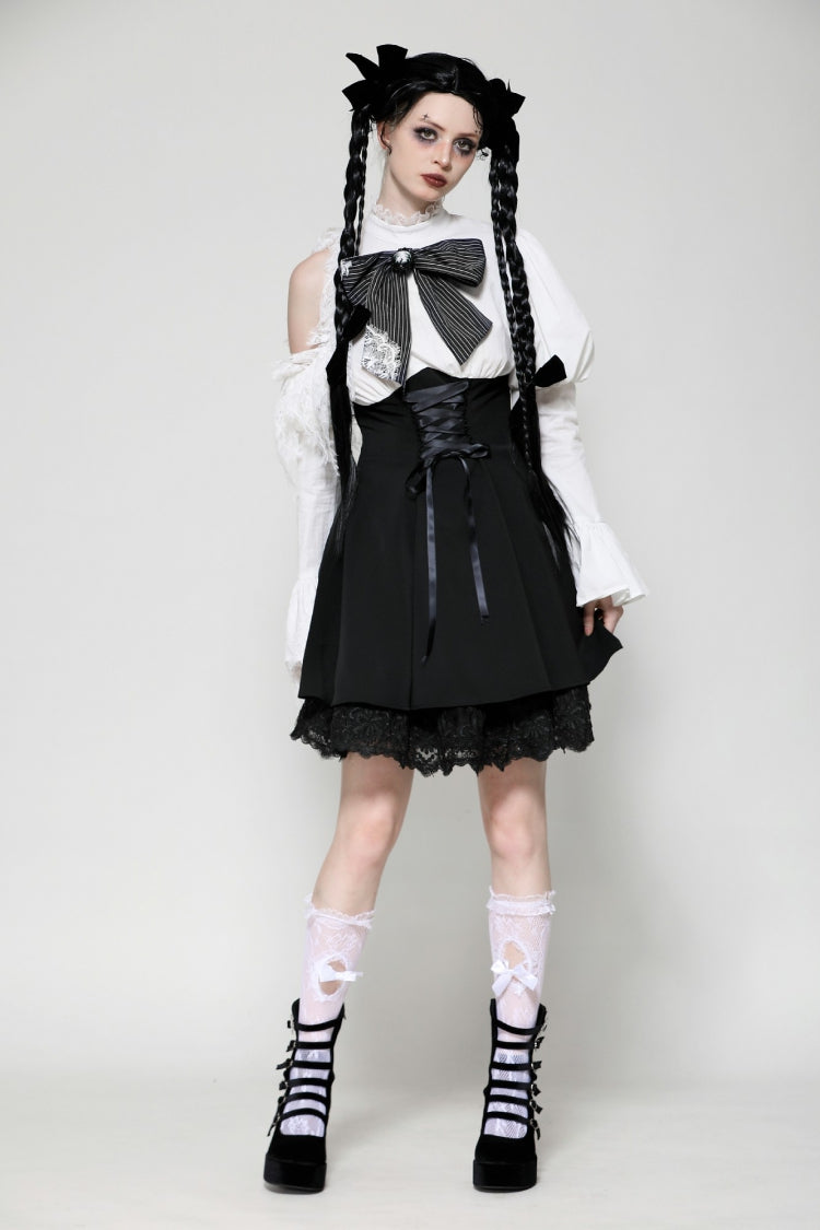 Black/White Lace High Collar Asymmetric Long Trumpet Puff Sleeves Bowknot Women's Lolita Gothic Short Dress - Product - 9