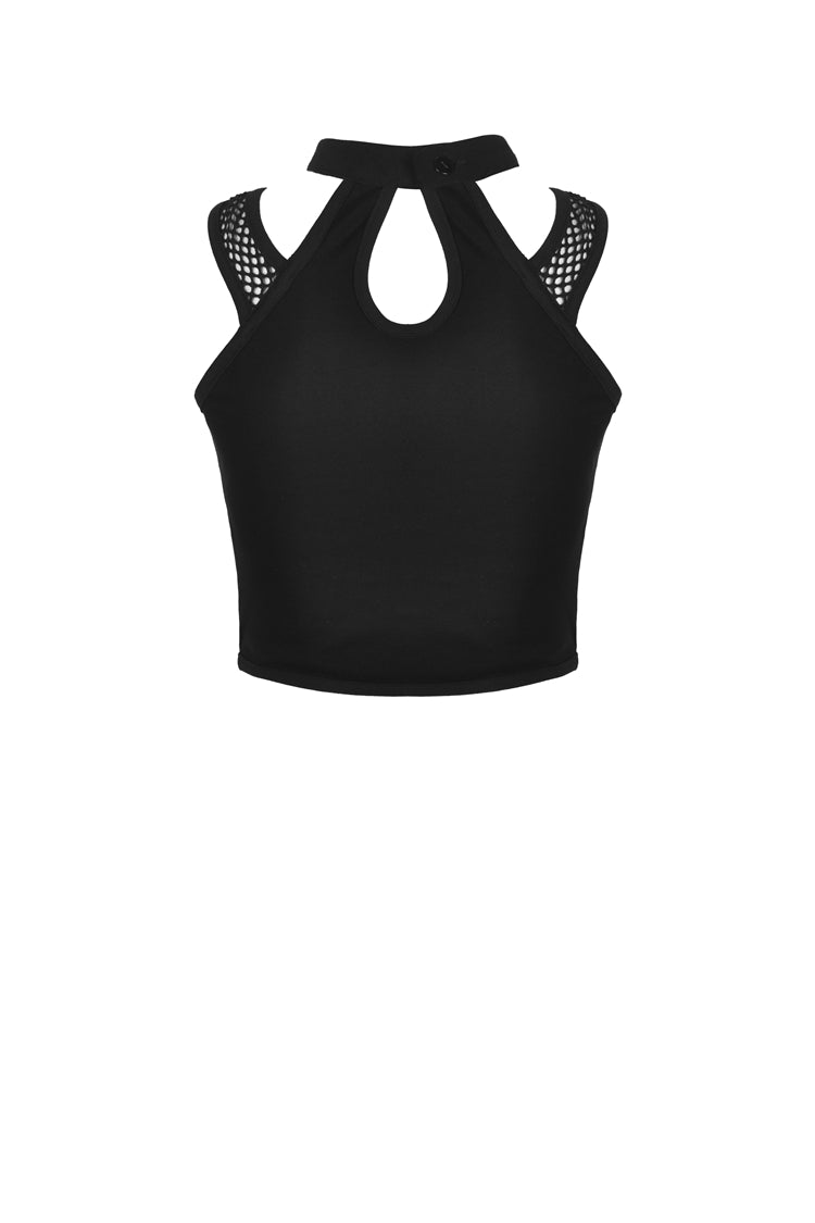 Black Halterneck Spliced Mesh Strappy Buckle Eyelet Harness Women's Punk Midriff-Baring Tank Top - Product - 9