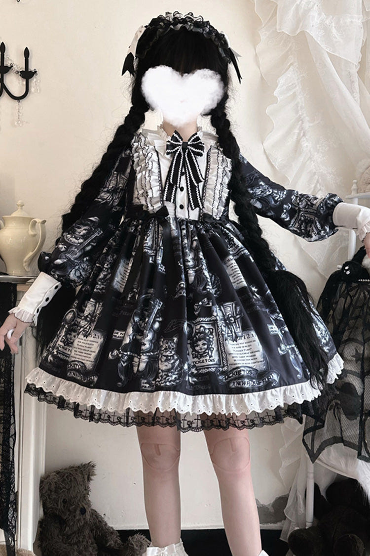 Black [Antique Cat] Print Long Sleeves Ruffle Bowknot Gothic Princess Lolita Dress - Product - 2