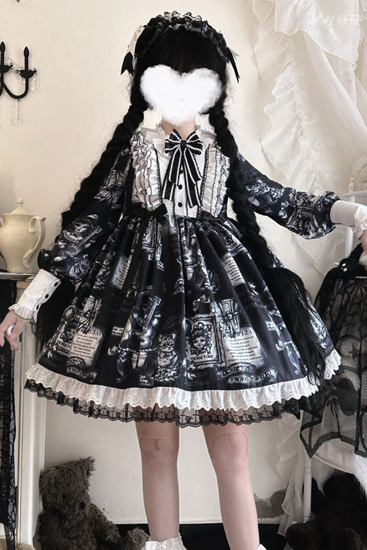 Black [Antique Cat] Print Long Sleeves Ruffle Bowknot Gothic Princess Lolita Dress - Product - 2