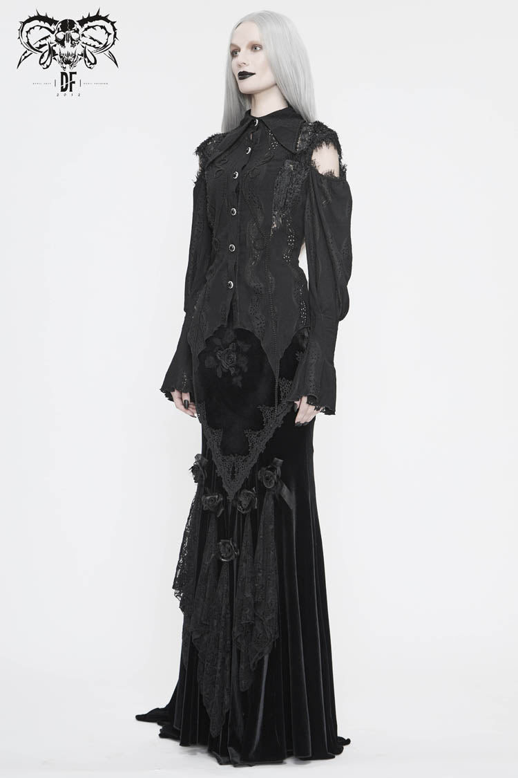 Black Front Chest Webbing Appliques Hollow-Out Lantern Sleeve Flare Cuff Back Waist Lace Up Women's Gothic Blouse - Product - 5
