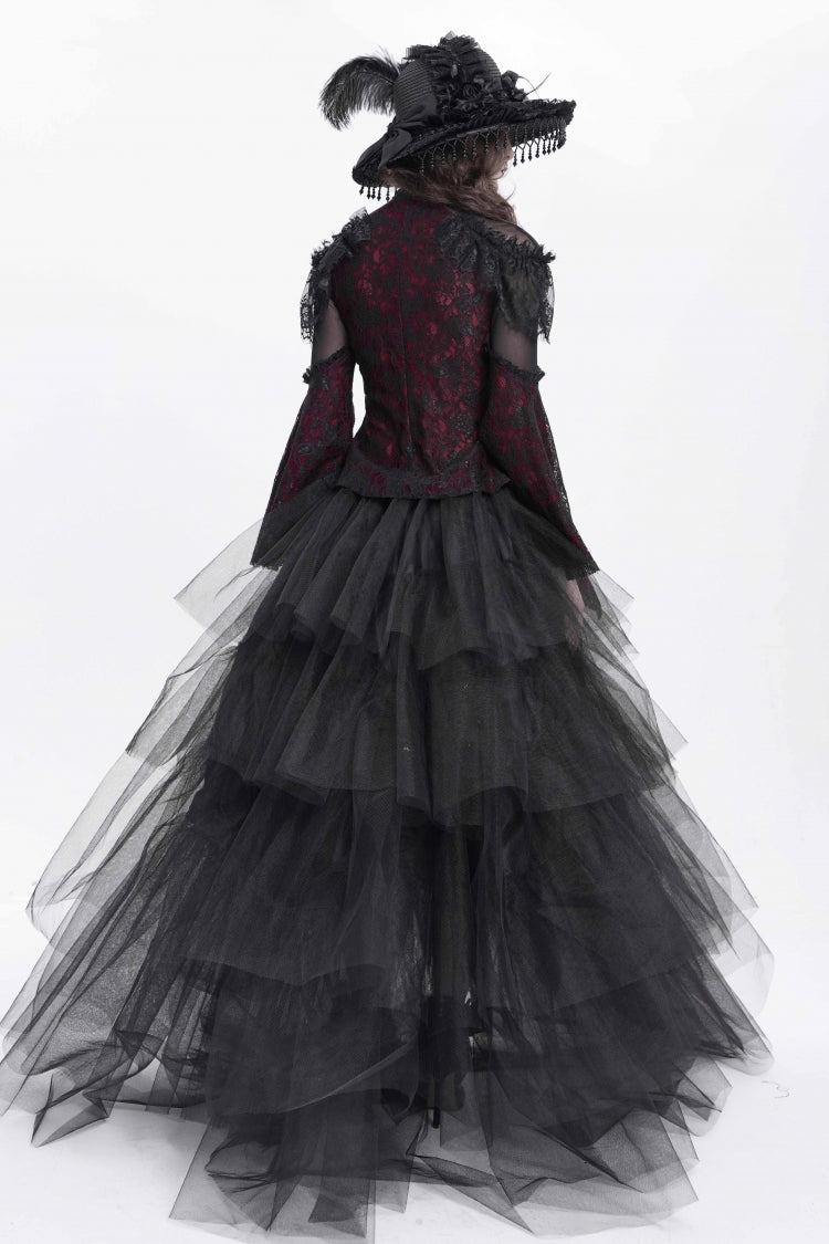 Red Stand Collar Long Trumpet Sleeves Embroidery Stitching Lace Women's Gothic Blouse - Product - 4
