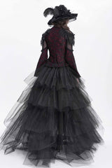 Red Stand Collar Long Trumpet Sleeves Embroidery Stitching Lace Women's Gothic Blouse - Product - 4