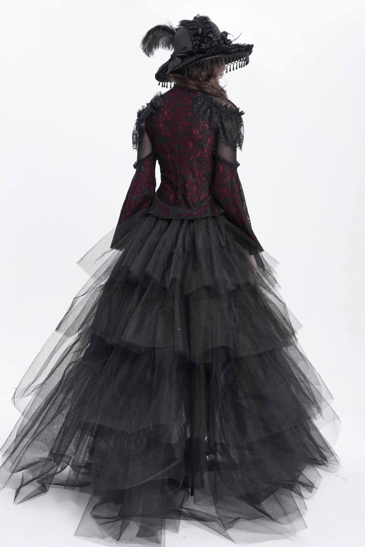 Red Stand Collar Long Trumpet Sleeves Embroidery Stitching Lace Women's Gothic Blouse - Product - 4
