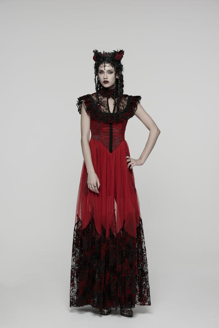 Black/Red Stand Collar Sleeveless Printed Hanayome Lace Lace-Up Women's Gothic Elegant Dress Wedding Dress - Black/Red - 1