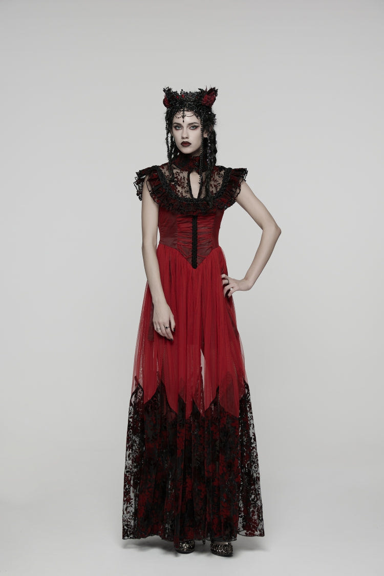 Black/Red Stand Collar Sleeveless Printed Hanayome Lace Lace-Up Women's Gothic Elegant Dress Wedding Dress - Black/Red - 1