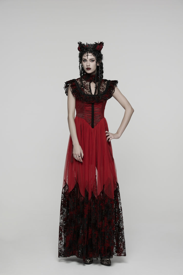 Black/Red Stand Collar Sleeveless Printed Hanayome Lace Lace-Up Women's Gothic Elegant Dress Wedding Dress - Black/Red - 1
