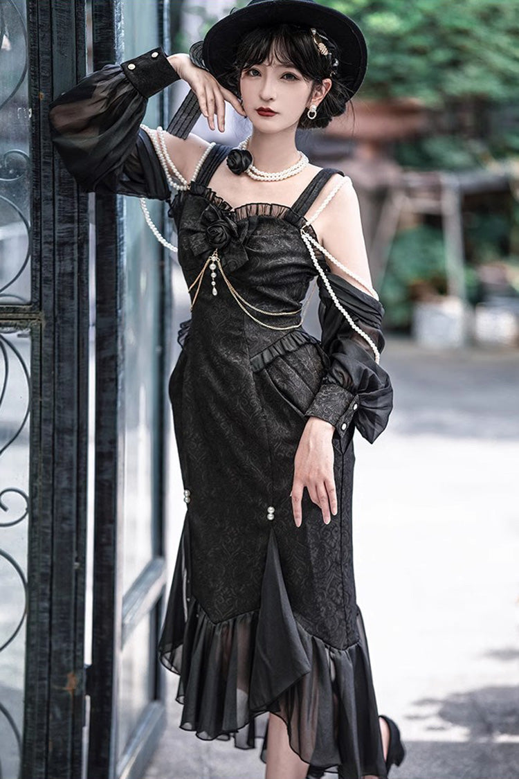 Black [Camellia 1.0] Sleeveless Jacquard Ruffle Lace Gothic Chinese Style Lolita Jsk Fishtail Dress - Product - 15