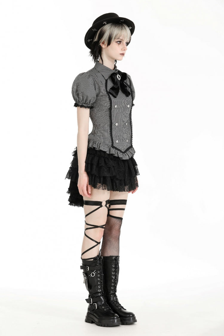 Black/Grey Short Puff Sleeves Lace-Up Striped Double-Breasted Women's Gothic College Style Blouse - Product - 2