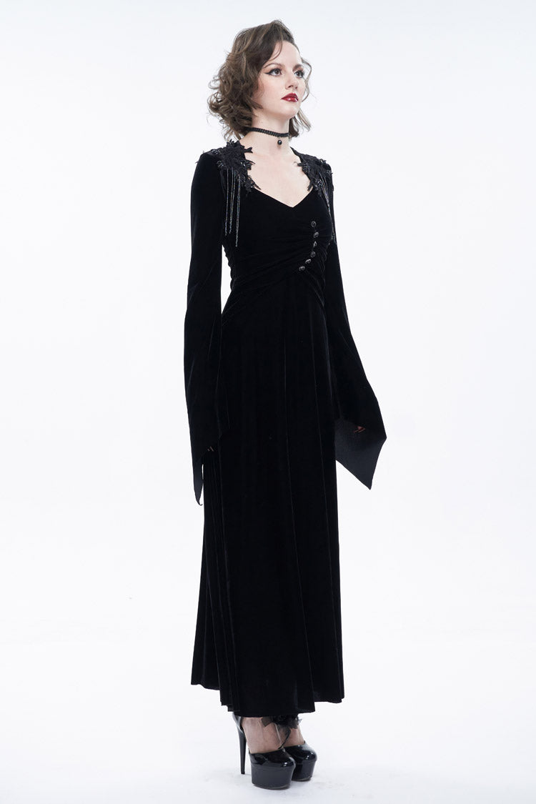 Black Embroidered Fringe Flared Sleeve Women's Gothic Dress - Product - 3