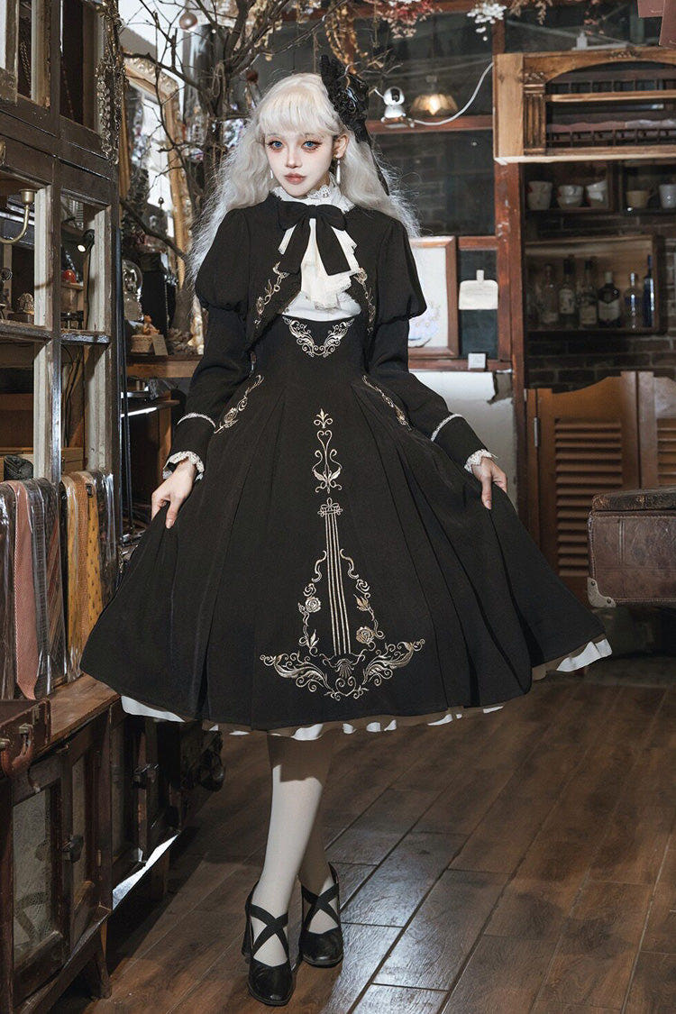 Black/White [Violin Variations] Ruffled Embroidered Gothic Lolita Jumper Dress Set - Black/White-Set - 1