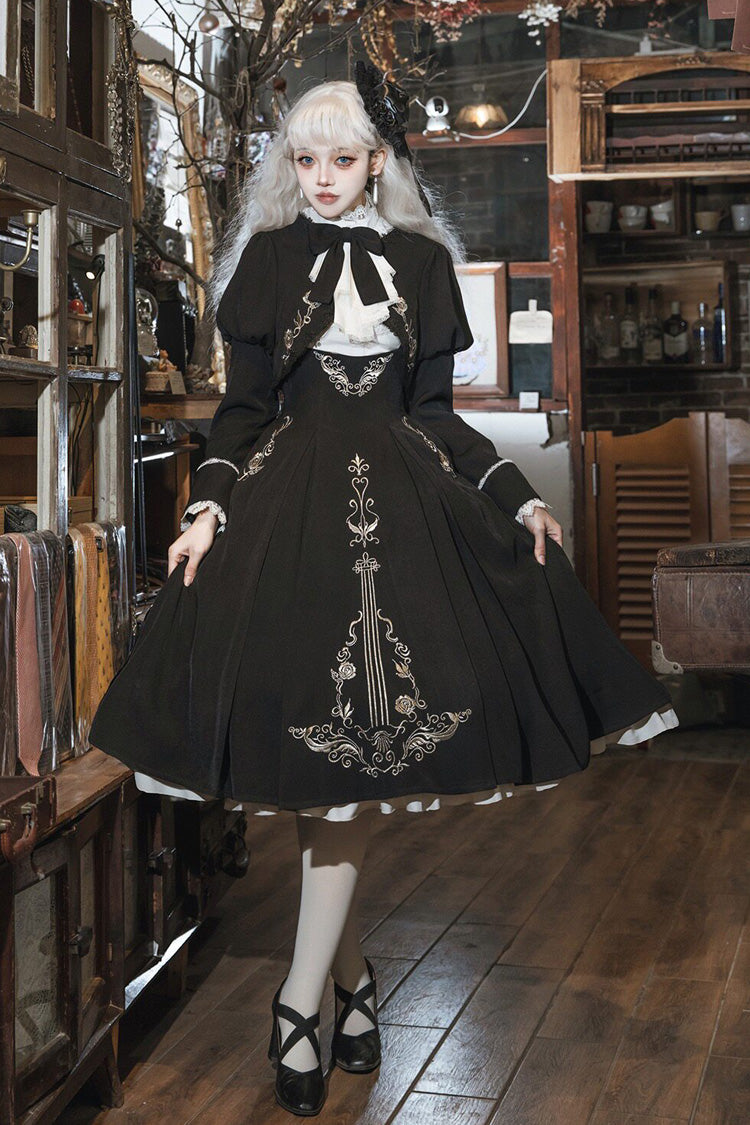 Black/White [Violin Variations] Ruffled Embroidered Gothic Lolita Jumper Dress Set - Black/White-Set - 1