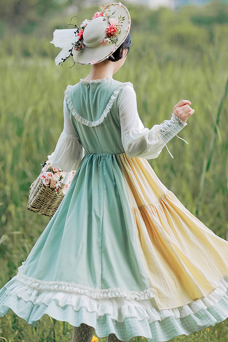 Multi-Color Plaid Print Stitching Ruffle Long Sleeves Sweet Lolita Dress - Product - 7