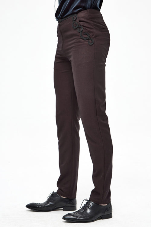 Brown Twill Suit Material Side Pocket Floral Shaped Webbing Gothic Mens Pants - Product - 2