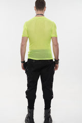 Yellow Gothic Crew Neck Diamond-Shaped Net Hyperelastic Short Sleeve Men's T-Shirt - Product - 6