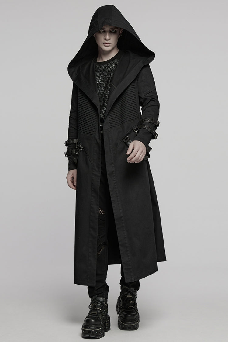 Black Lapel Collar Long Sleeves Hooded Pleated Men's Punk Coat with Buckle Strap - Product - 4