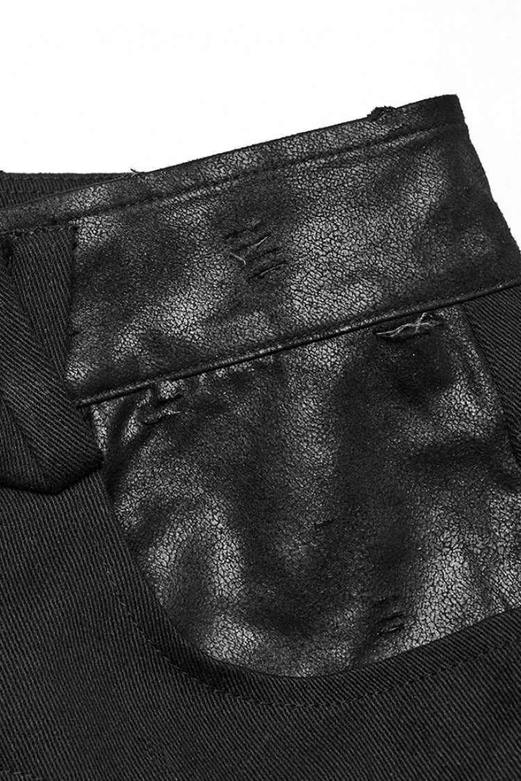 Black Pleated Faux Leather Stitching Men's Punk Straight Pants - Product - 5