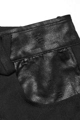 Black Pleated Faux Leather Stitching Men's Punk Straight Pants - Product - 5