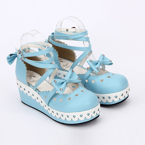 Round Toe Bowknot Lace Sweet Lolita Shoes - Blue - 1