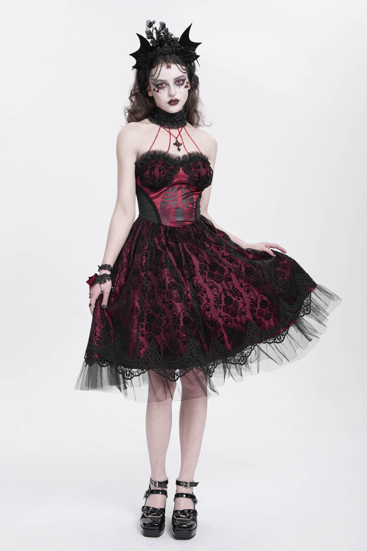Red Halterneck Skeleton Print Embroidery Stitching Lace Women's Gothic Dress - Product - 2
