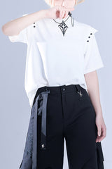 White Stand Collar Shoulder Expansion Spooky Shadow Embroidered Ouji Lolita Short Sleeves - White - 1