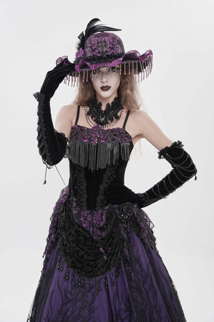 Black/Purple Lace-Up Women's Gothic Embroidered Tassels  Overbust Corset - Product - 7
