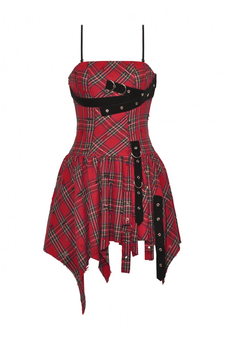 Red Buckled Frayed Asymmetric Hem Women's Punk Grunge Plaid Mini Slip Dress - Product - 3