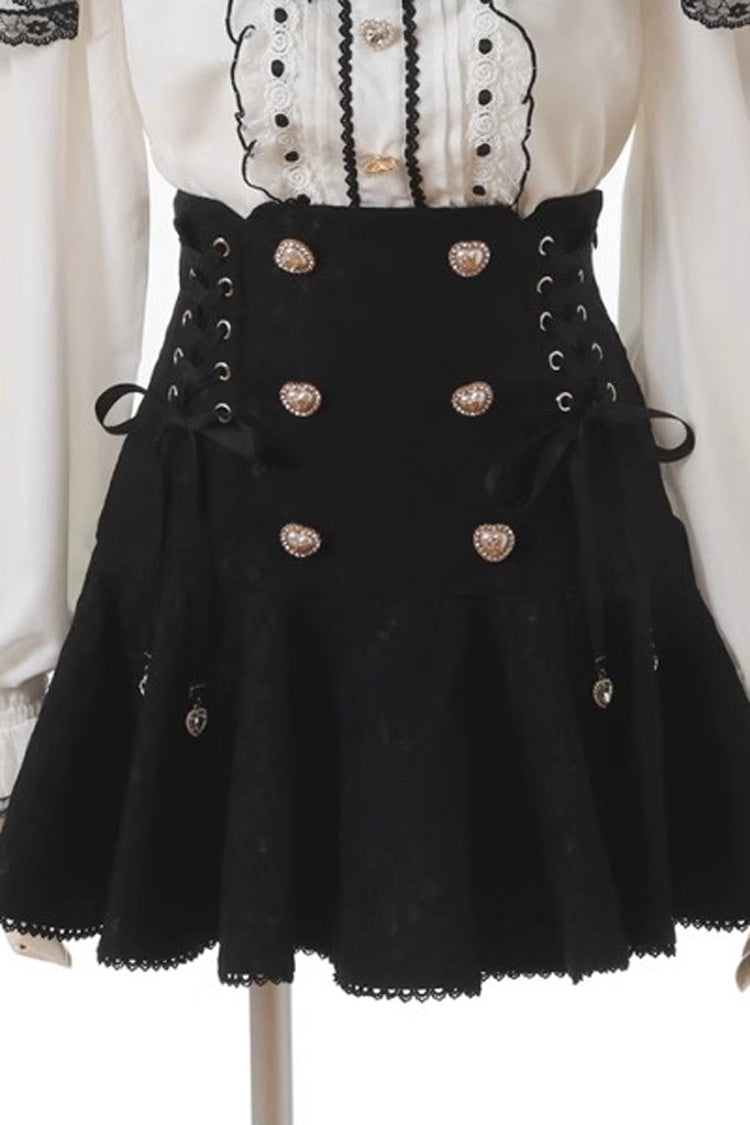 Black Japanese Bowknot Double Breasted  Lace-Up Sweet Jirai Kei Skirt - Product - 3