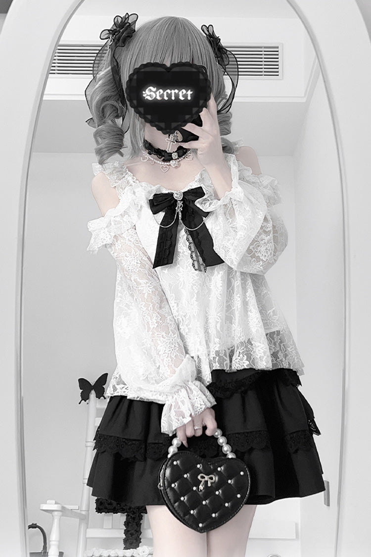 Black Triple-Layered Ruffle Lace Japanese Jirai Kei Skirt - Product - 4