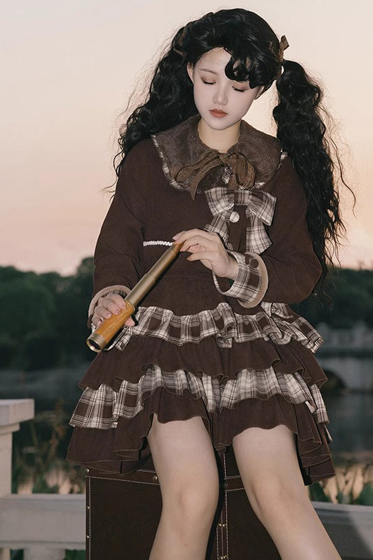 Dark Brown Multi-layer Bowknot College Style Autumn Winter Princess Sweet Lolita Skirt Set - Product - 6